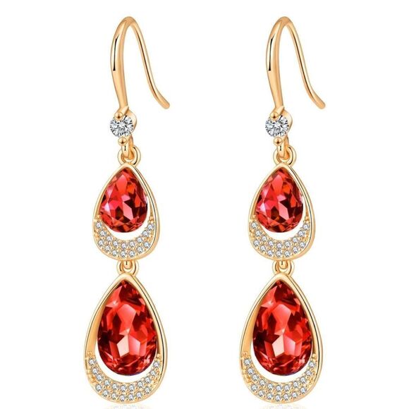 14K Yellow Gold with Ruby Red Austrian Crystal Double Teardrop Hook Earrings